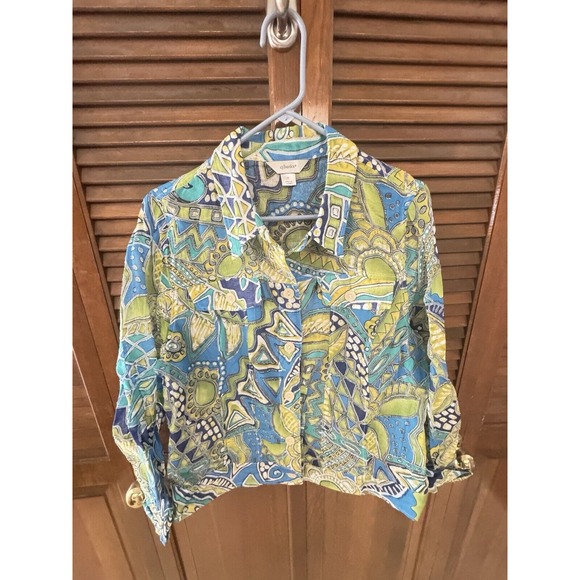 CJ Banks Women's Button Up Long Sleeve Blouse Blue Yellow Paisley Top Size X - Picture 1 of 4